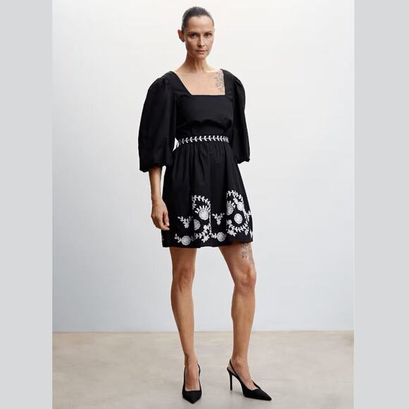 🖤 MANGO Puff Sleeve Mini Dress NWT | Embroidered Cotton Bow Back 6 - Picture 8 of 14